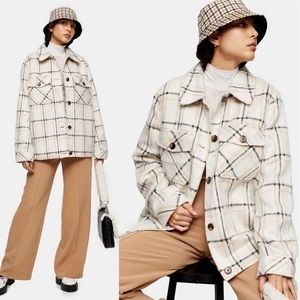 Topshop Petite Cream Check Plaid Button Shirt Jacket
